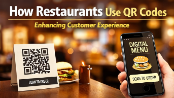 Restaurant table with QR code menu on smartphone screen